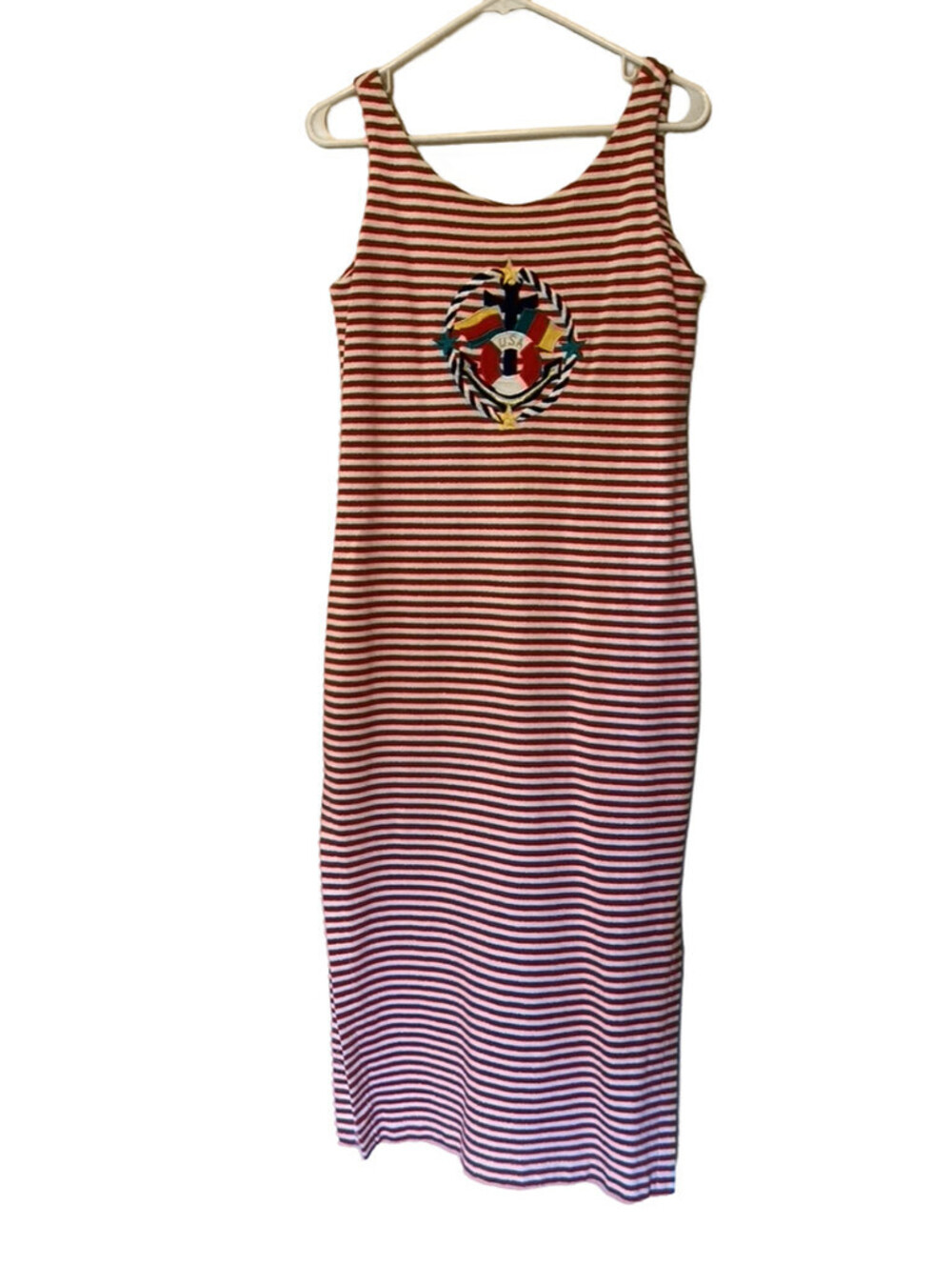 Deborah Laws Red/White Sleeveless Striped Dress With Sailor Motif - size L